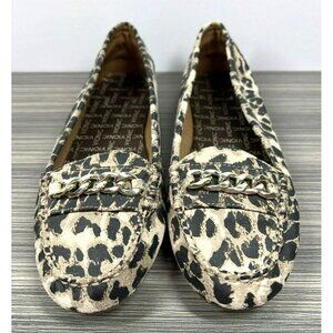 Vionic Mesa Womens Loafer Shoe Size 6 Tan Black Leather Animal Print Chain Flats